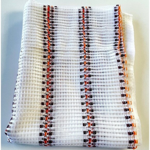 Vintage 70s mesh curtain, white, brown, orange striped net woven, single panel - Picture 10 of 10